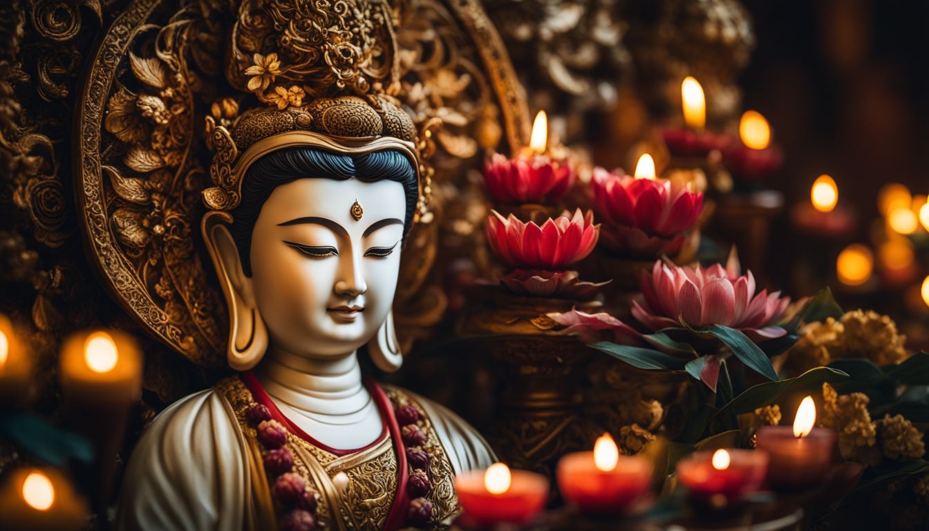 A photo of an intricately detailed Guanyin statue surrounded by incense and candles in a bustling atmosphere.