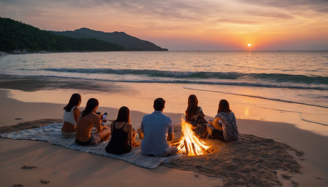 A group of friends enjoys a beach bonfire at sunset on Haad Rin beach.