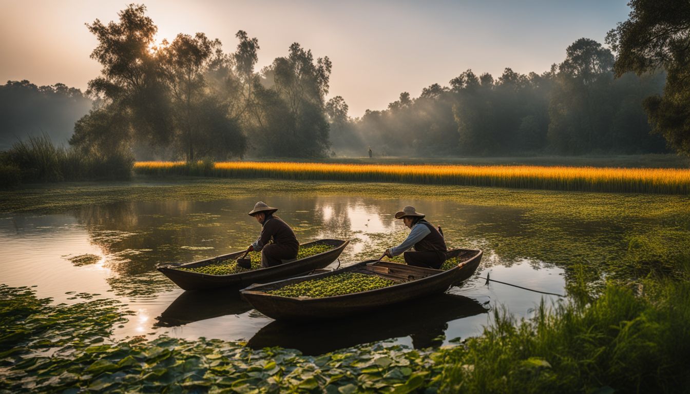 A serene pond with traditional harvesters in the background and a carpet of Wolffia globosa covering the water's surface.