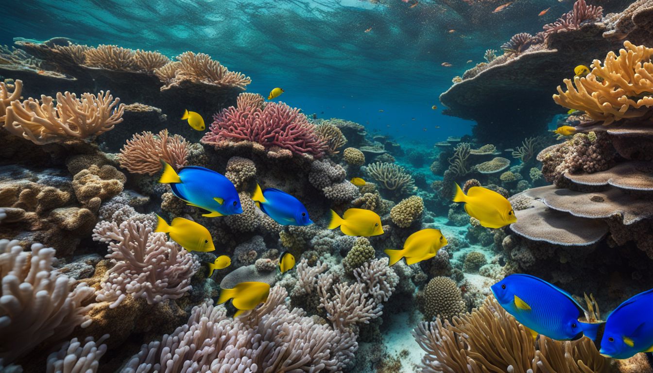 A vibrant coral reef teeming with colorful fish captured in stunning detail and clarity.
