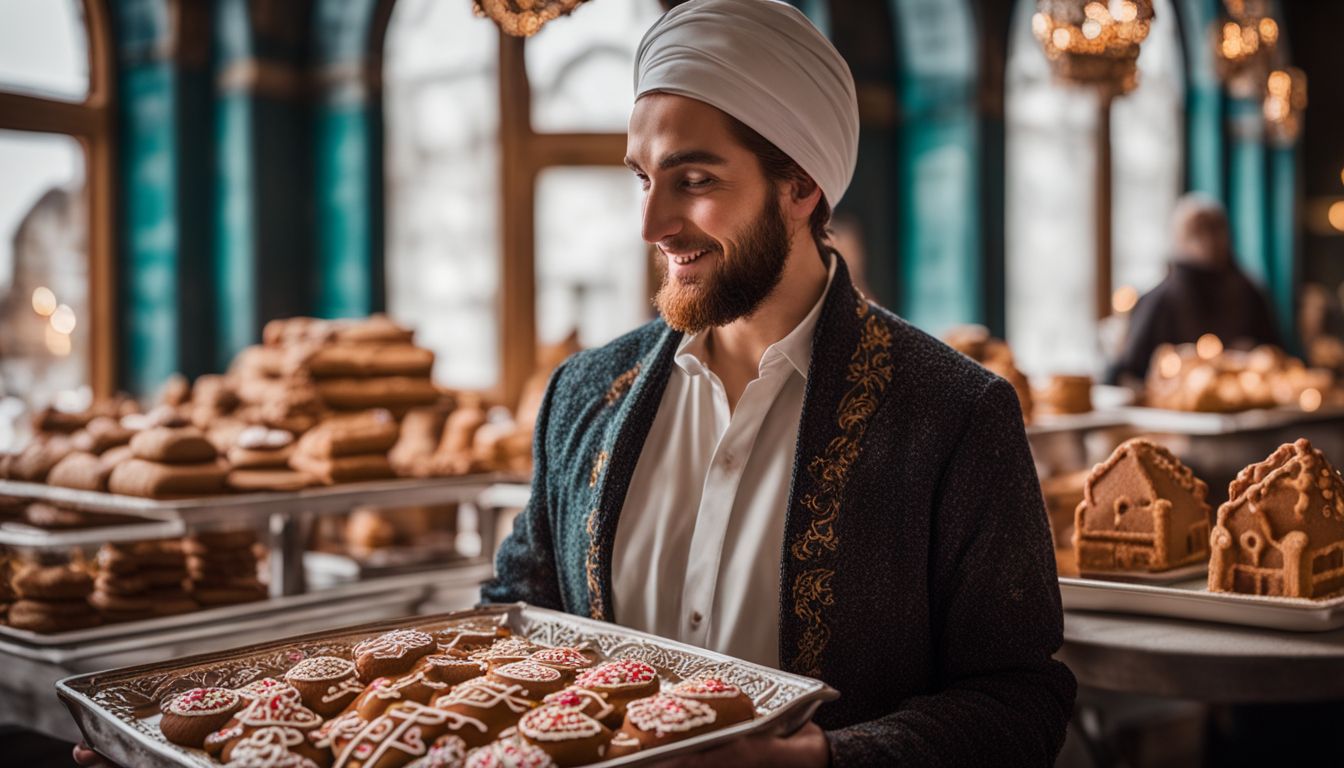 A baker holds a tray of beautifully decorated gingerbread mosques in a bustling atmosphere.