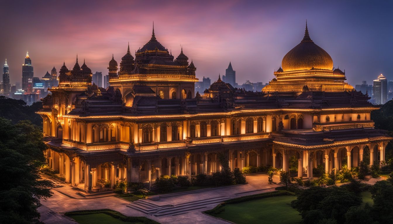 The Tajhat Palace is beautifully illuminated at night, showcasing its stunning architecture and bustling atmosphere.