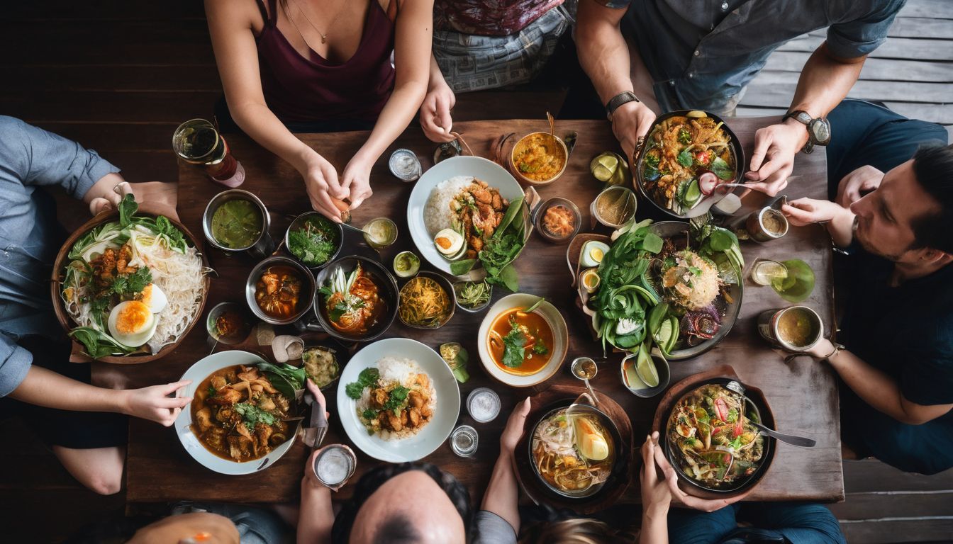 A diverse group of friends enjoying an authentic southern Thai meal in a bustling atmosphere.