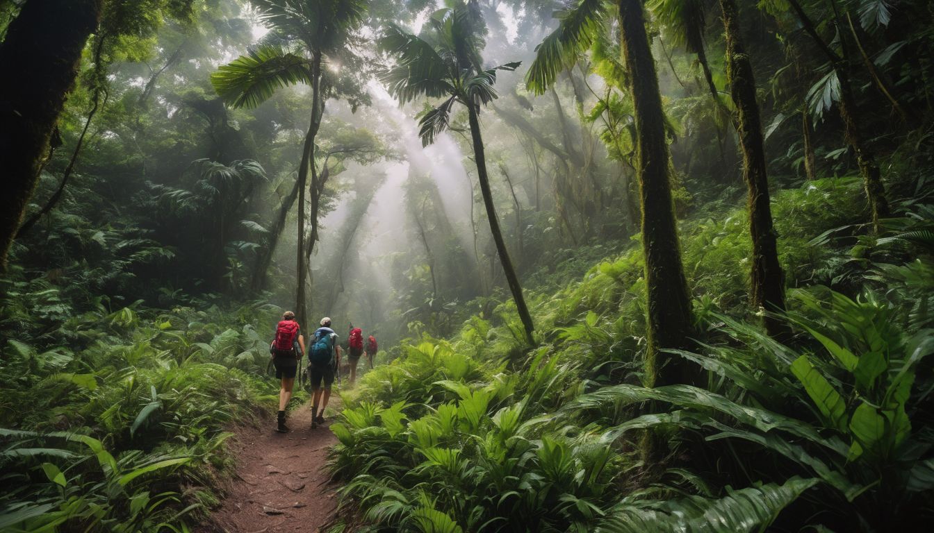 A diverse group of hikers explores a dense jungle, surrounded by lush greenery and vibrant nature.