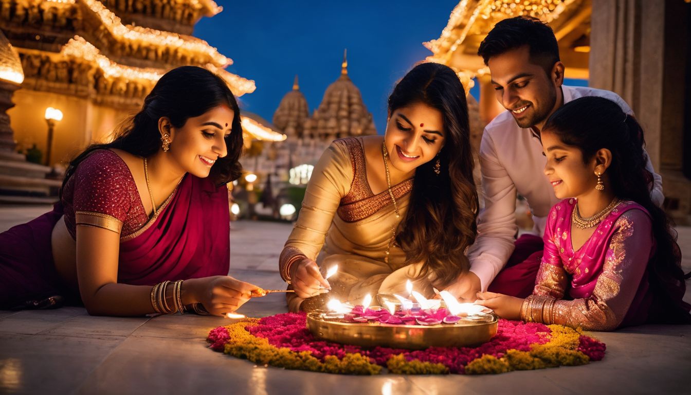 A Hindu family gathers in front of a beautifully lit temple to light diyas and celebrate their faith.