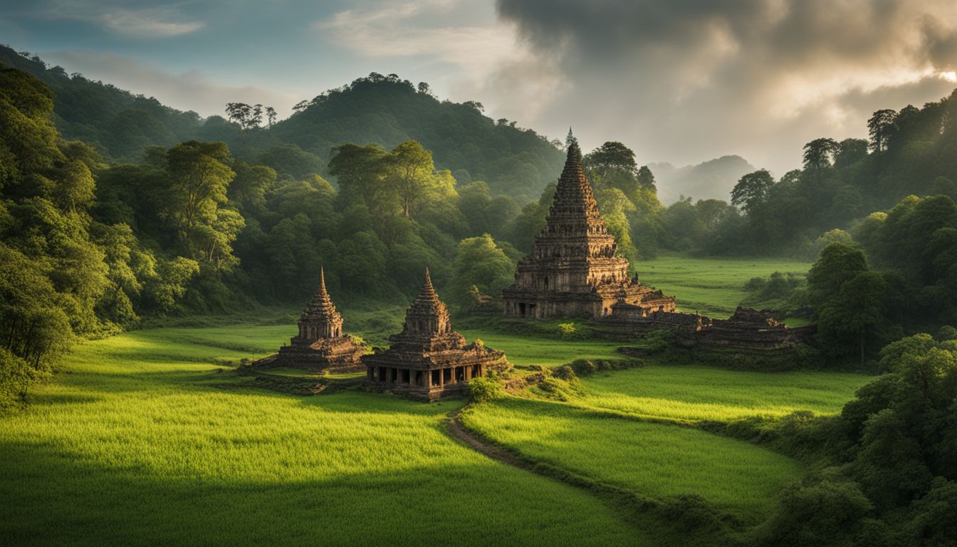 The photograph captures the beauty of an ancient Buddhist temple in a lush green field.