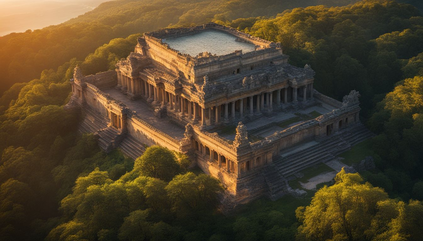 A stunning photograph of an ancient architectural structure surrounded by lush greenery at sunset.