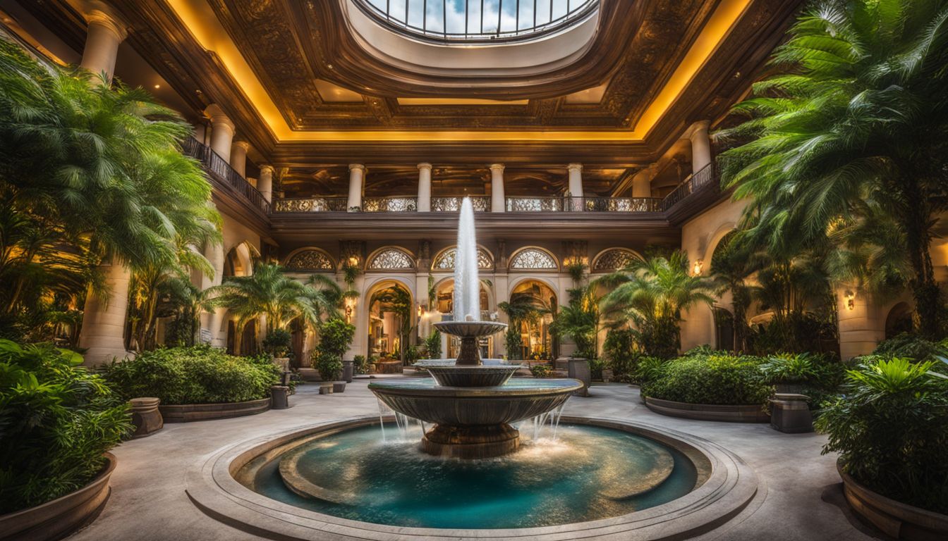 The Palace Luxury Resort's grand entrance showcases a vibrant, bustling atmosphere with a majestic fountain and lush gardens.