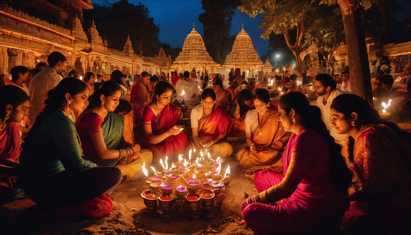 A group of Hindu devotees lighting oil lamps in front of a beautifully decorated temple.