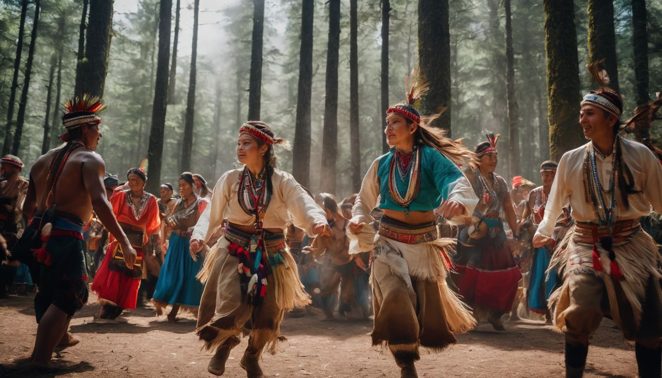 A group of indigenous people dressed in traditional attire performing a cultural dance in a forest clearing.