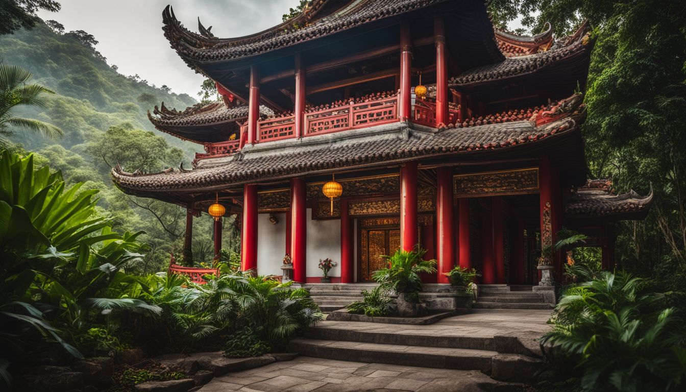 A photo of a traditional Hainan Temple surrounded by lush tropical vegetation, showcasing a serene landscape scene.