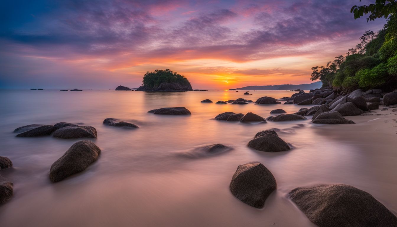 A serene sunset over Ko Rawi's sandy beach showcasing the beautiful stones on Ko Hin Ngam.