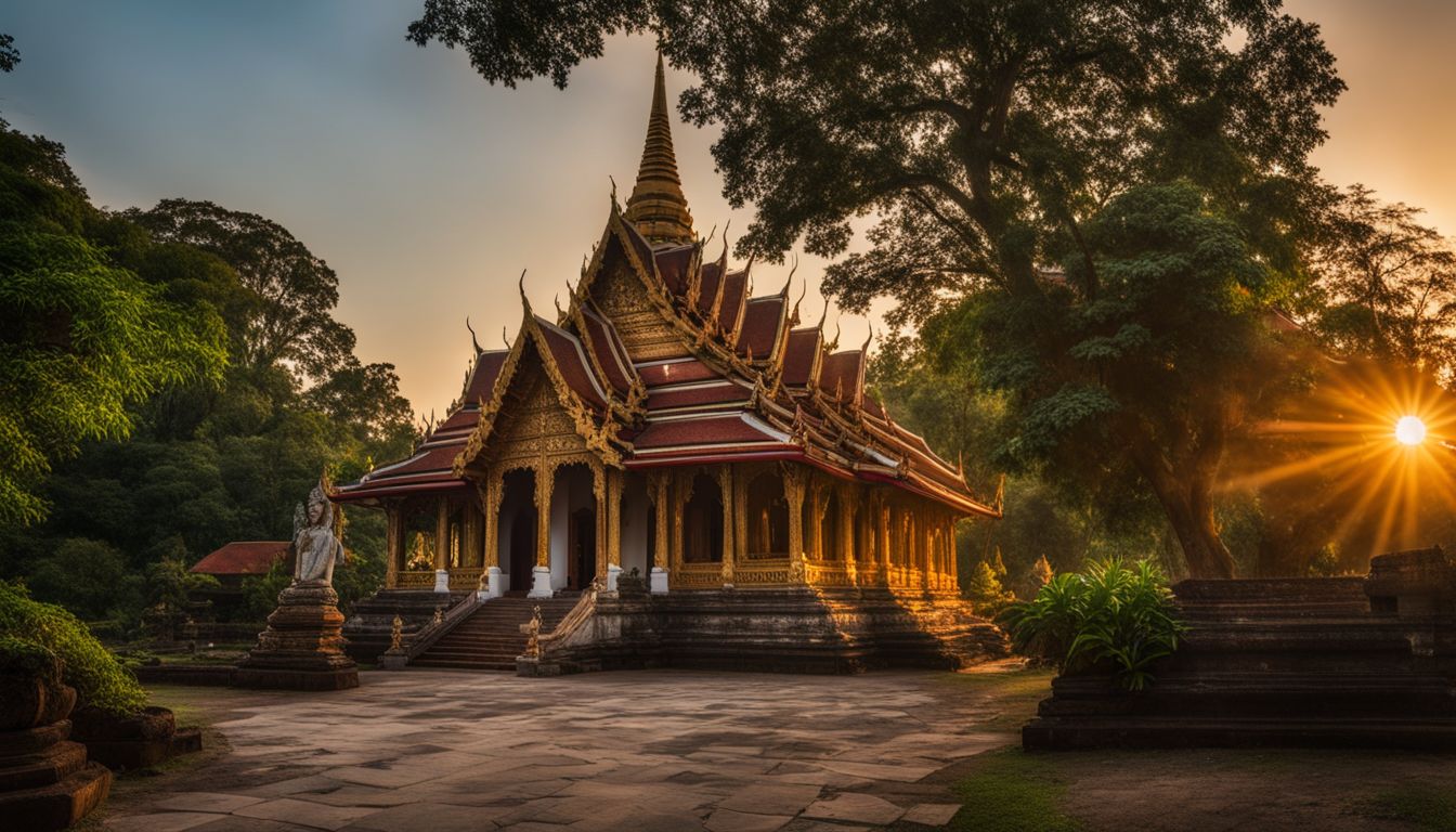 A photo of the stunning Wat Ban Tham temple at sunset, surrounded by lush greenery and a bustling atmosphere.