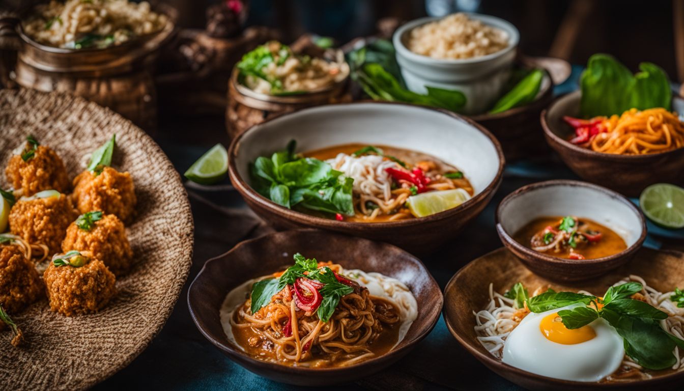 A beautifully plated Southern Thai dish captured in a close-up shot with vibrant colors and a bustling atmosphere.
