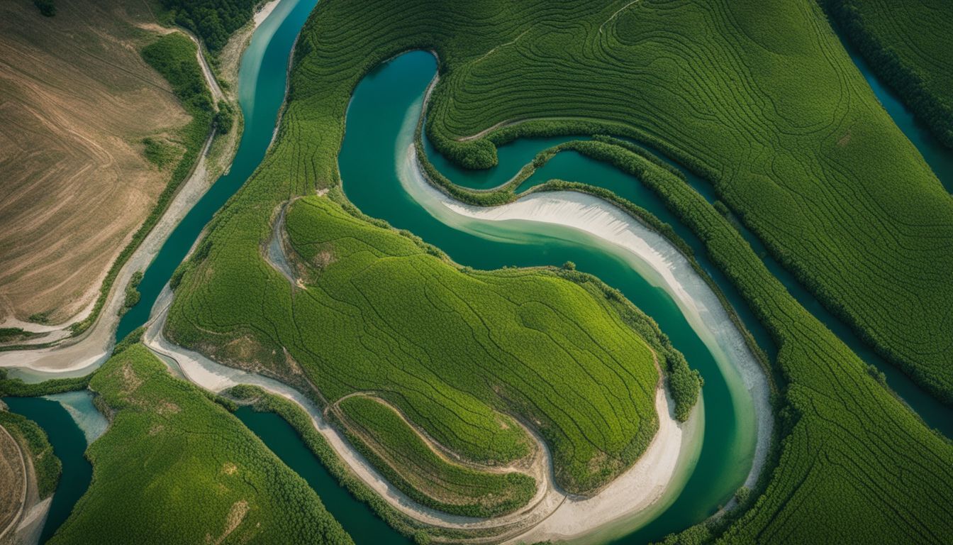 An aerial photograph showcasing the winding rivers of Bangladesh in a bustling and vibrant atmosphere.