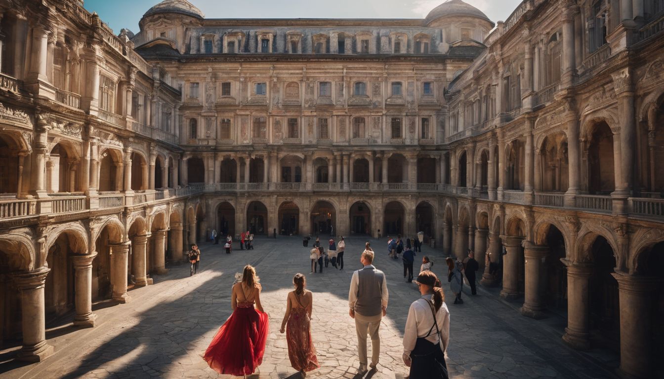 A group of tourists pose in front of the ornate buildings of the Outer Court.