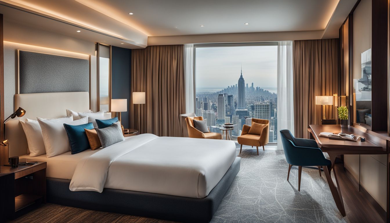 The photo showcases a modern and elegant hotel room with a comfortable bed and a city view.