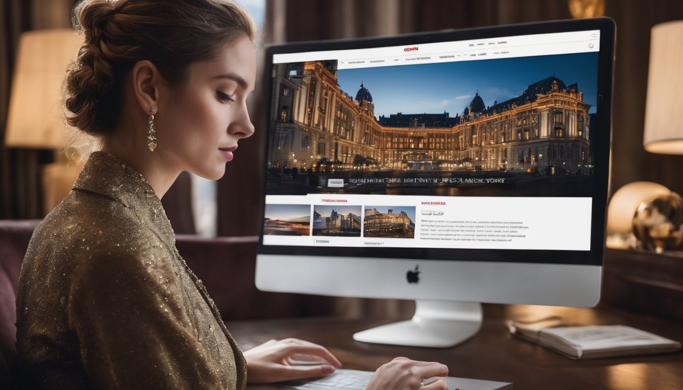 A person browsing The Palace website on a laptop surrounded by luxury hotel amenities and cityscape photography.
