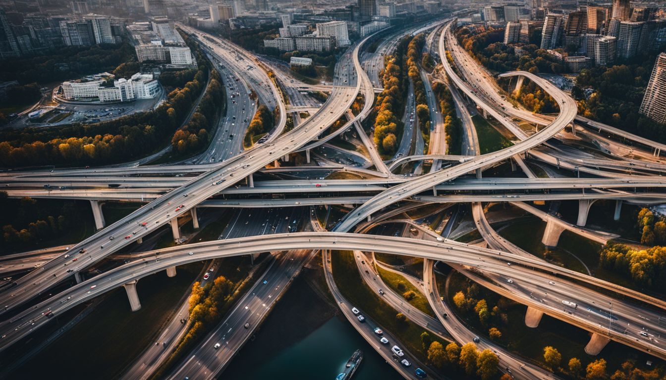 An aerial view of a busy highway interchange featuring various modes of transportation.