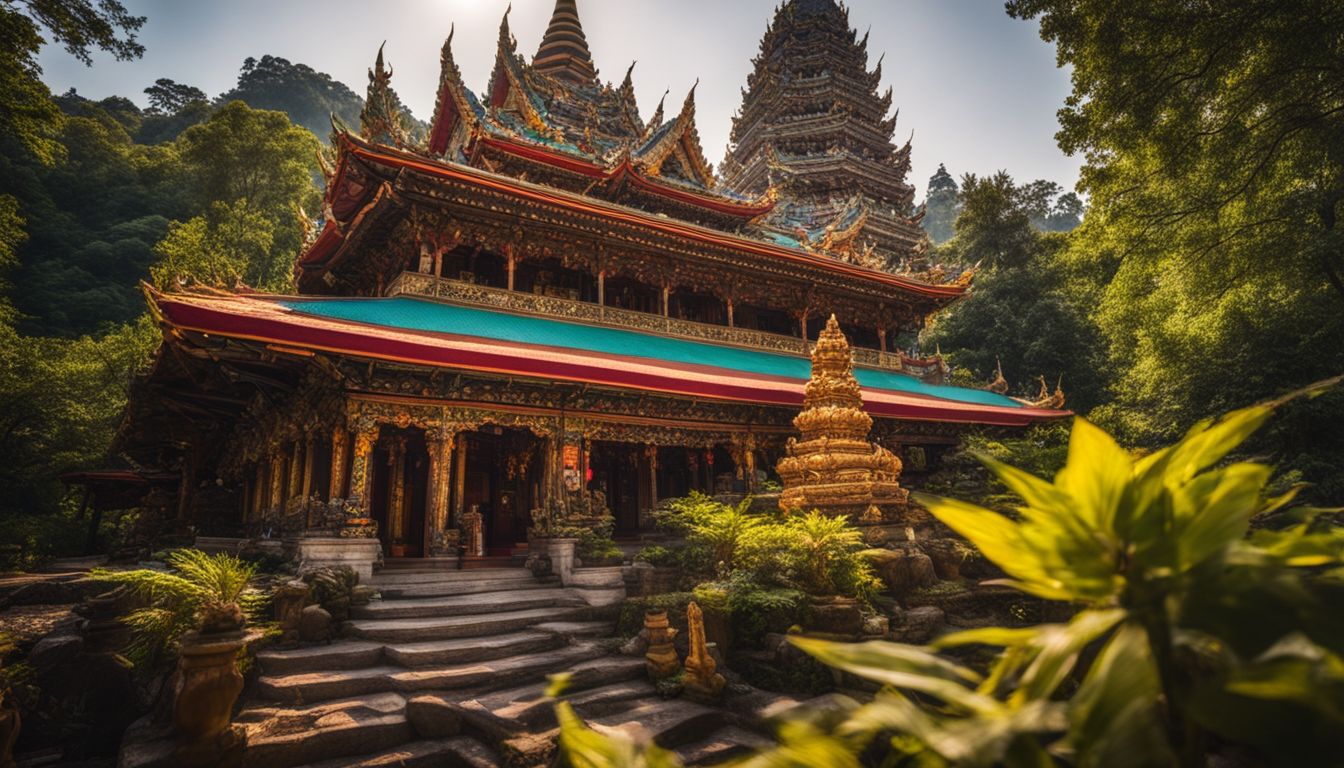 A beautifully decorated Buddhist temple with vibrant colors and intricate carvings, capturing the bustling atmosphere and diverse faces in a stunning photograph.
