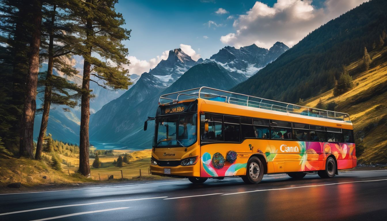 A diverse group of travelers on a colorful bus explores scenic mountain roads together.