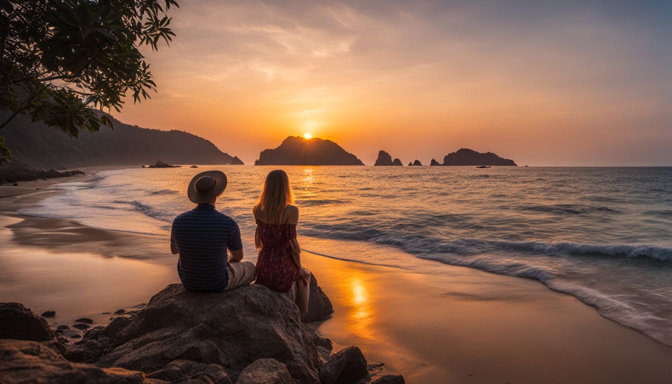 A tourist enjoys the breathtaking sunset at Hat Pak Meng Beach, capturing the moment with a high-quality camera.