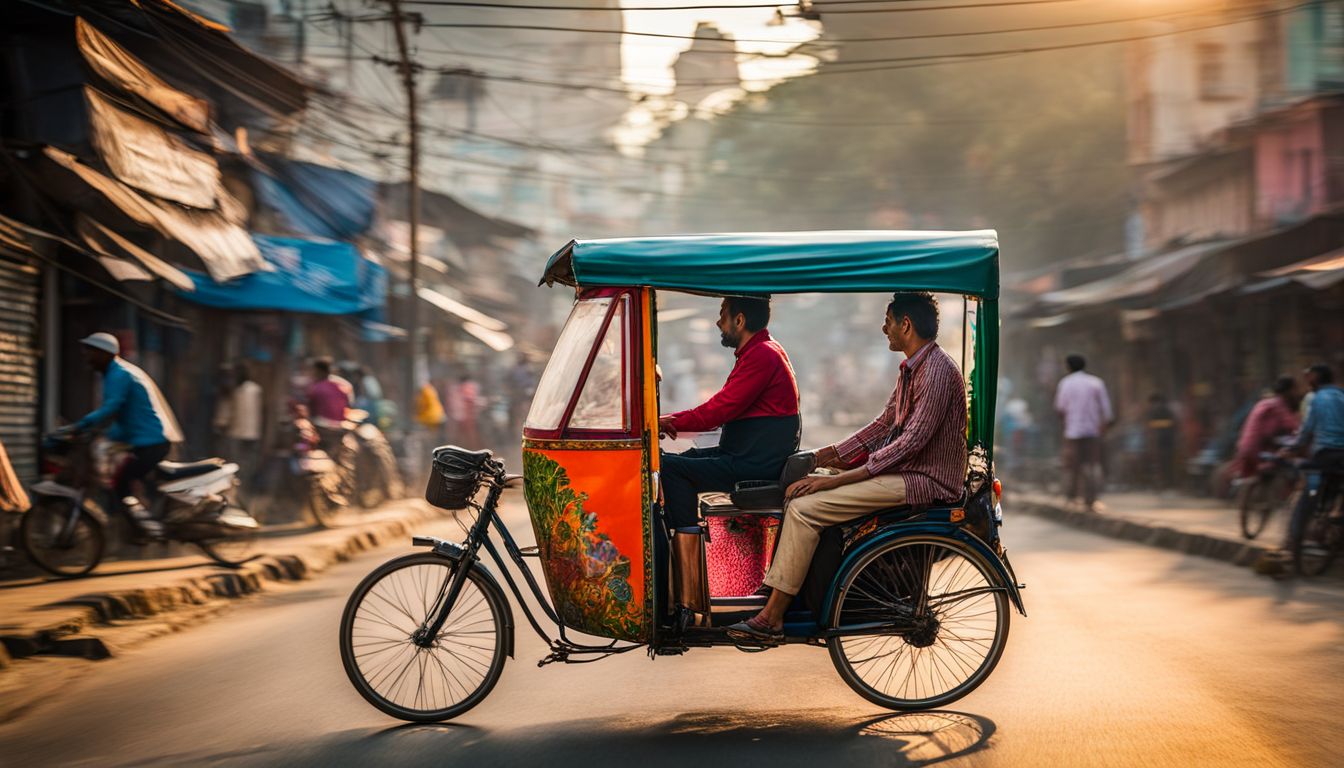 A vibrant photo capturing a colorful rickshaw driver navigating the bustling streets of Sylhet City.