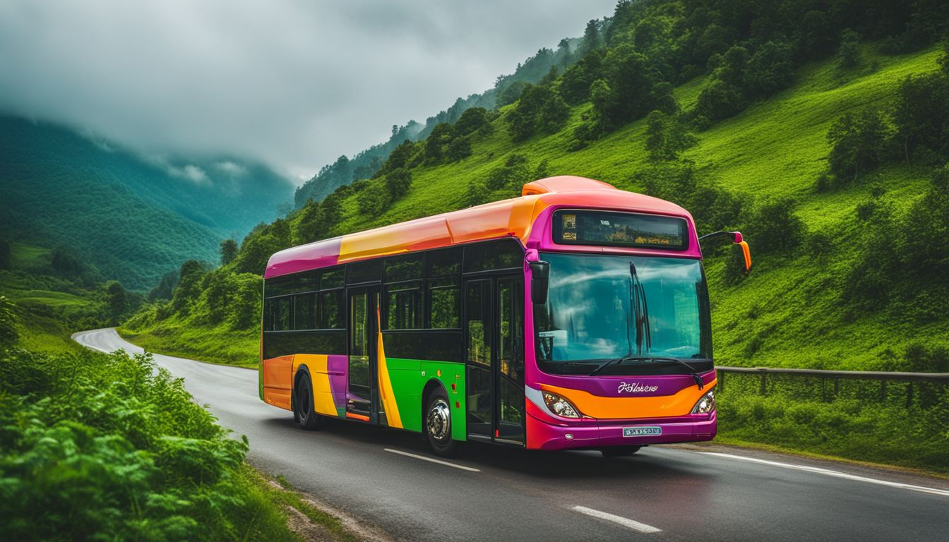 A colorful bus travels along a scenic road filled with diverse people and vibrant surroundings.