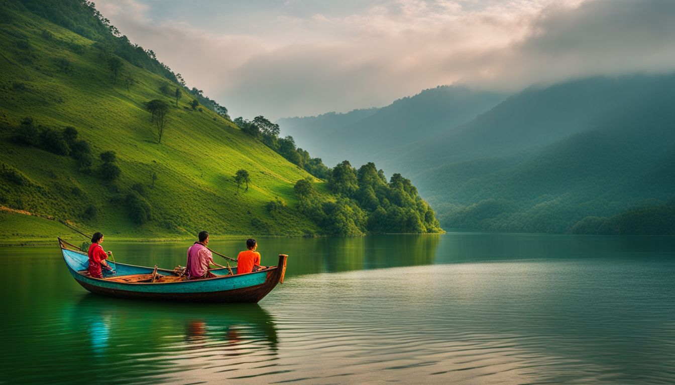 A colorful boat sails on the calm waters of Kaptai Lake, surrounded by lush green hills.