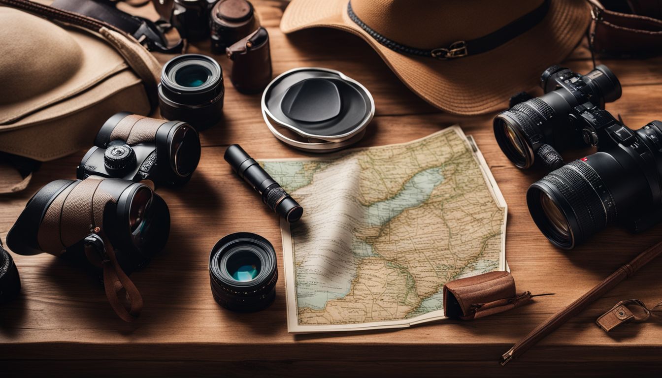 A collection of photography equipment and accessories displayed on a wooden table, ready for a nature photography adventure.