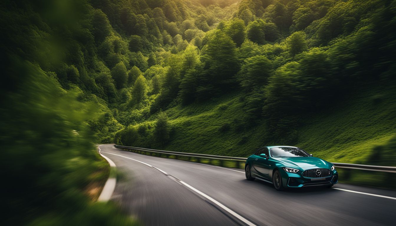A car drives through a winding mountain road surrounded by lush green forests in a picturesque landscape.