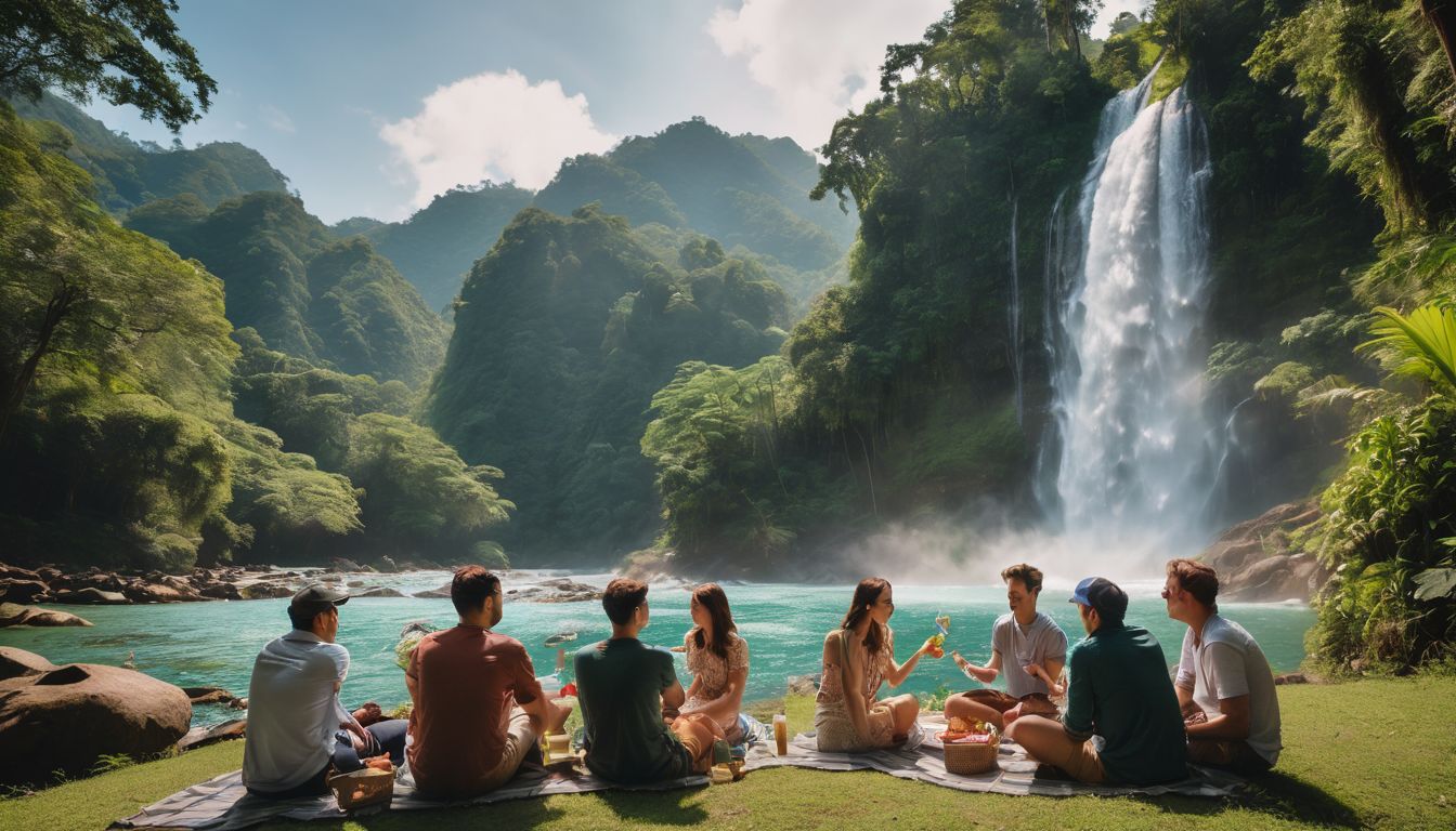 A diverse group of friends enjoy a picnic by a waterfall surrounded by lush foliage.