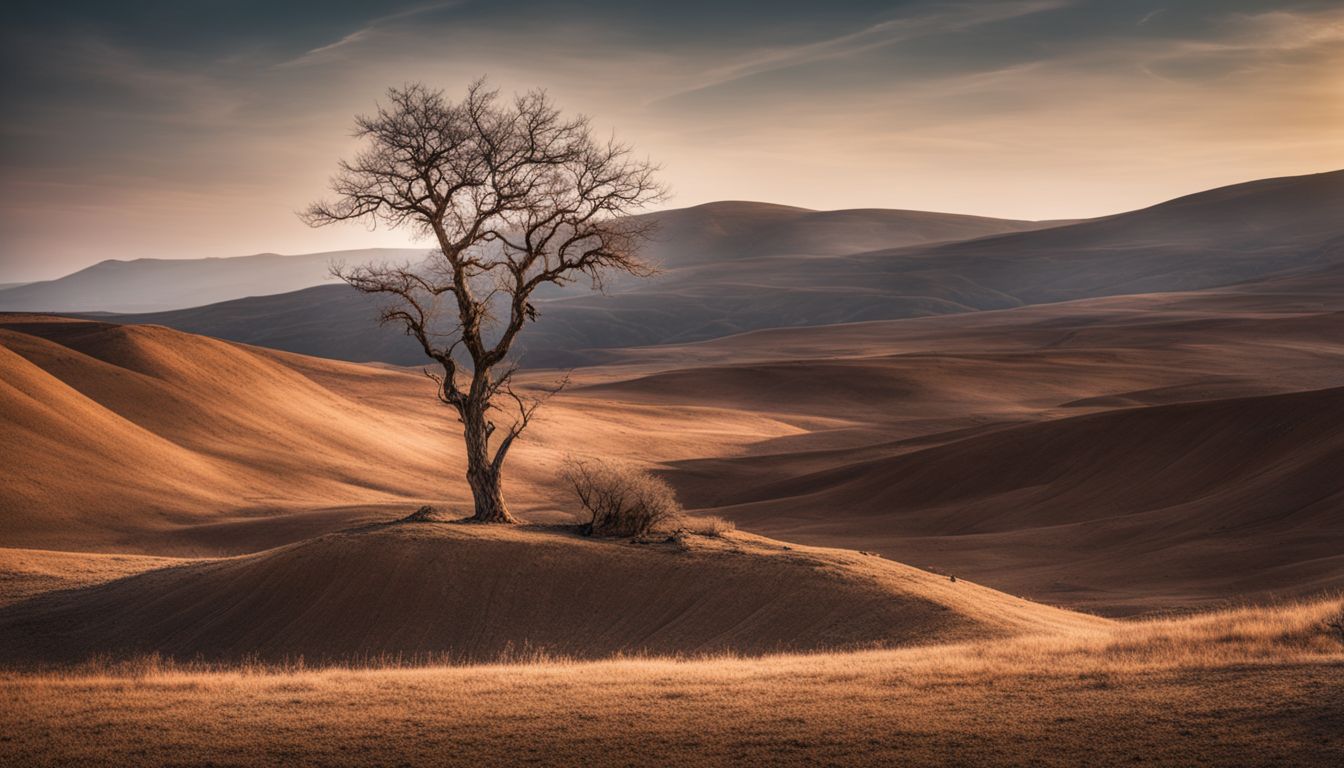 A photograph of a lone tree standing in a desolate and eroded landscape.