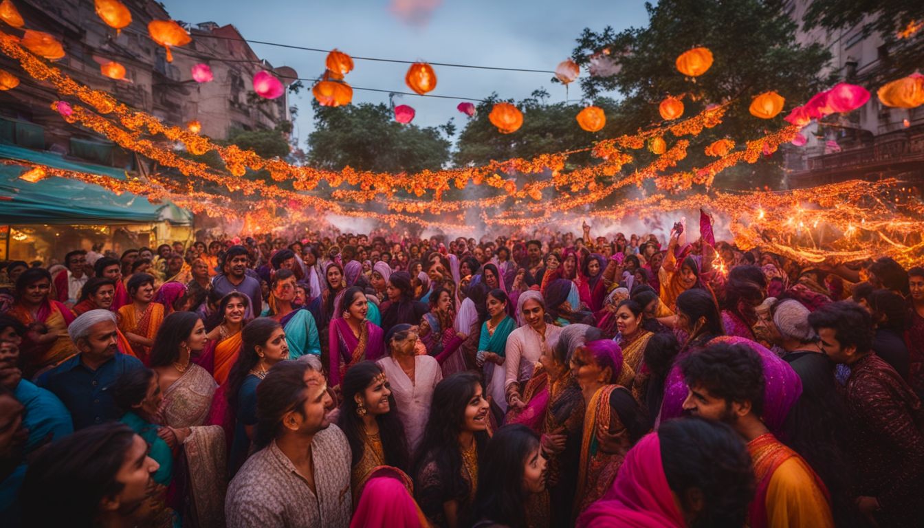 A large crowd of diverse Hindus celebrating Diwali in a city square with colorful decorations.