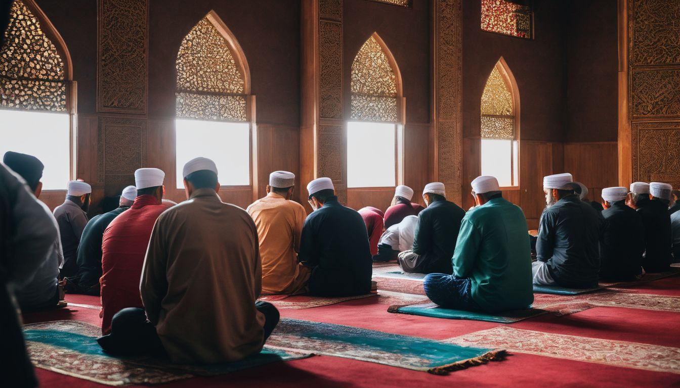 A diverse group of Muslims praying together in unity and spirituality inside a mosque.