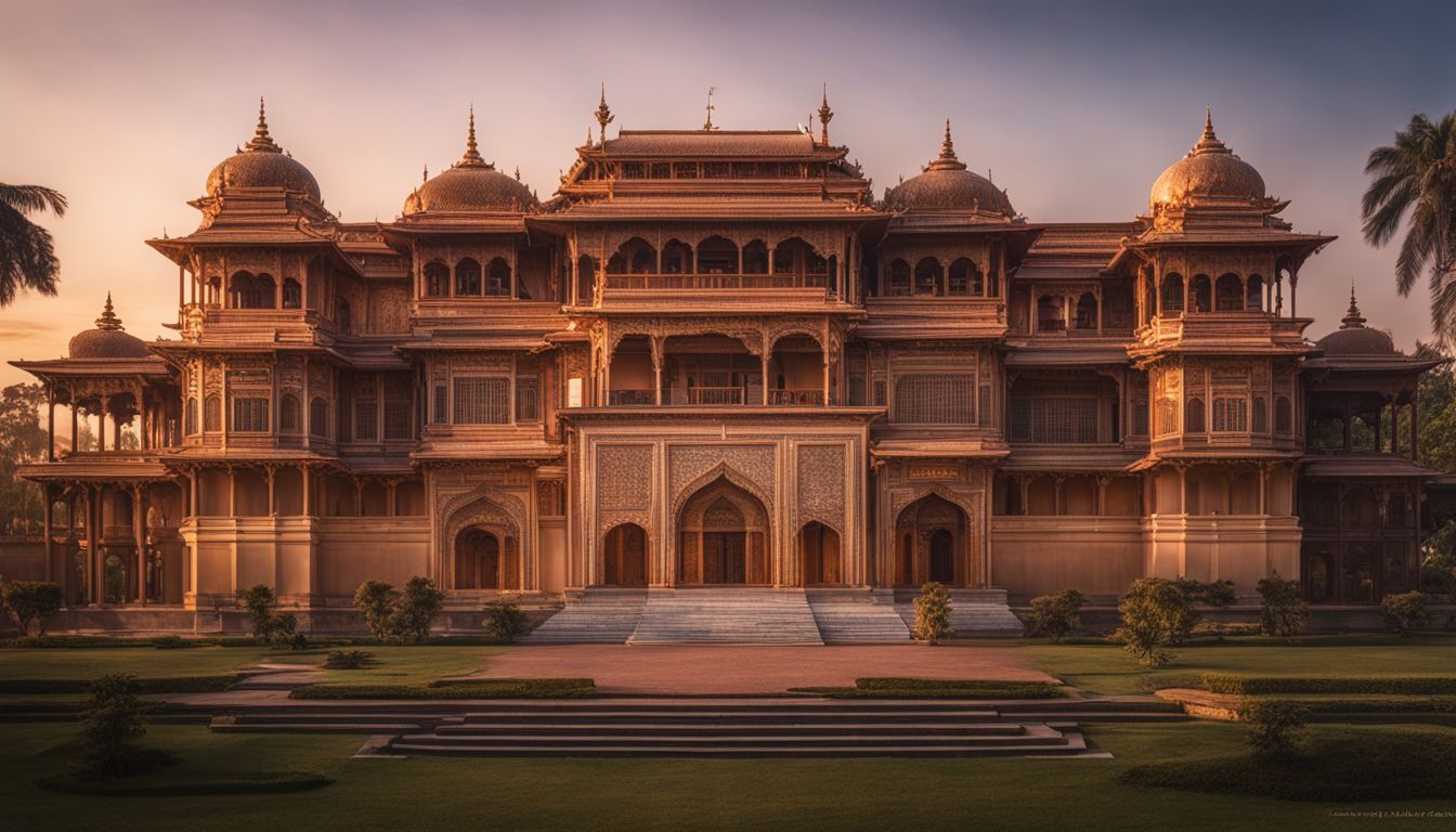 A photo of the Tajhat Palace's intricate architectural details at dusk, capturing the bustling atmosphere and diverse faces.