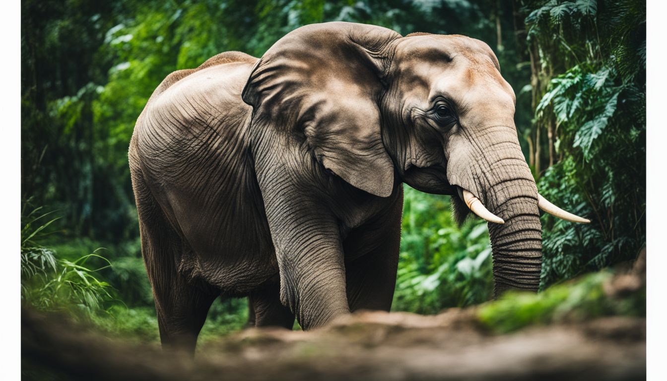 A stunning wildlife photograph captures a majestic elephant in a lush jungle setting.