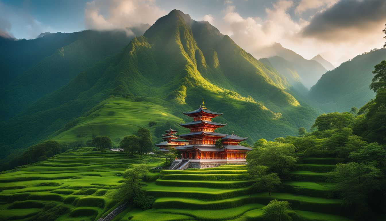 A picturesque temple nestled amidst lush green mountains with diverse individuals in different outfits, creating a vibrant and bustling atmosphere.