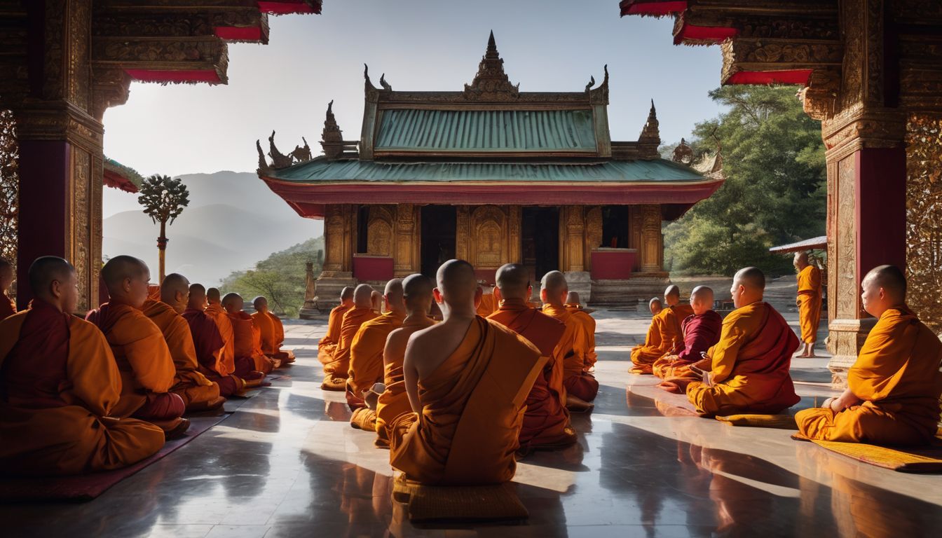 A diverse group of Buddhist monks meditates in front of a Hindu temple.