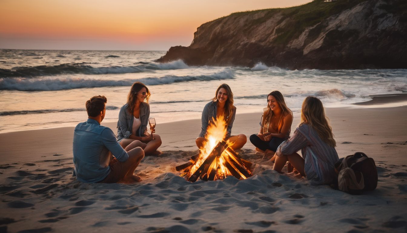 A diverse group of friends enjoying a beach bonfire at sunset.