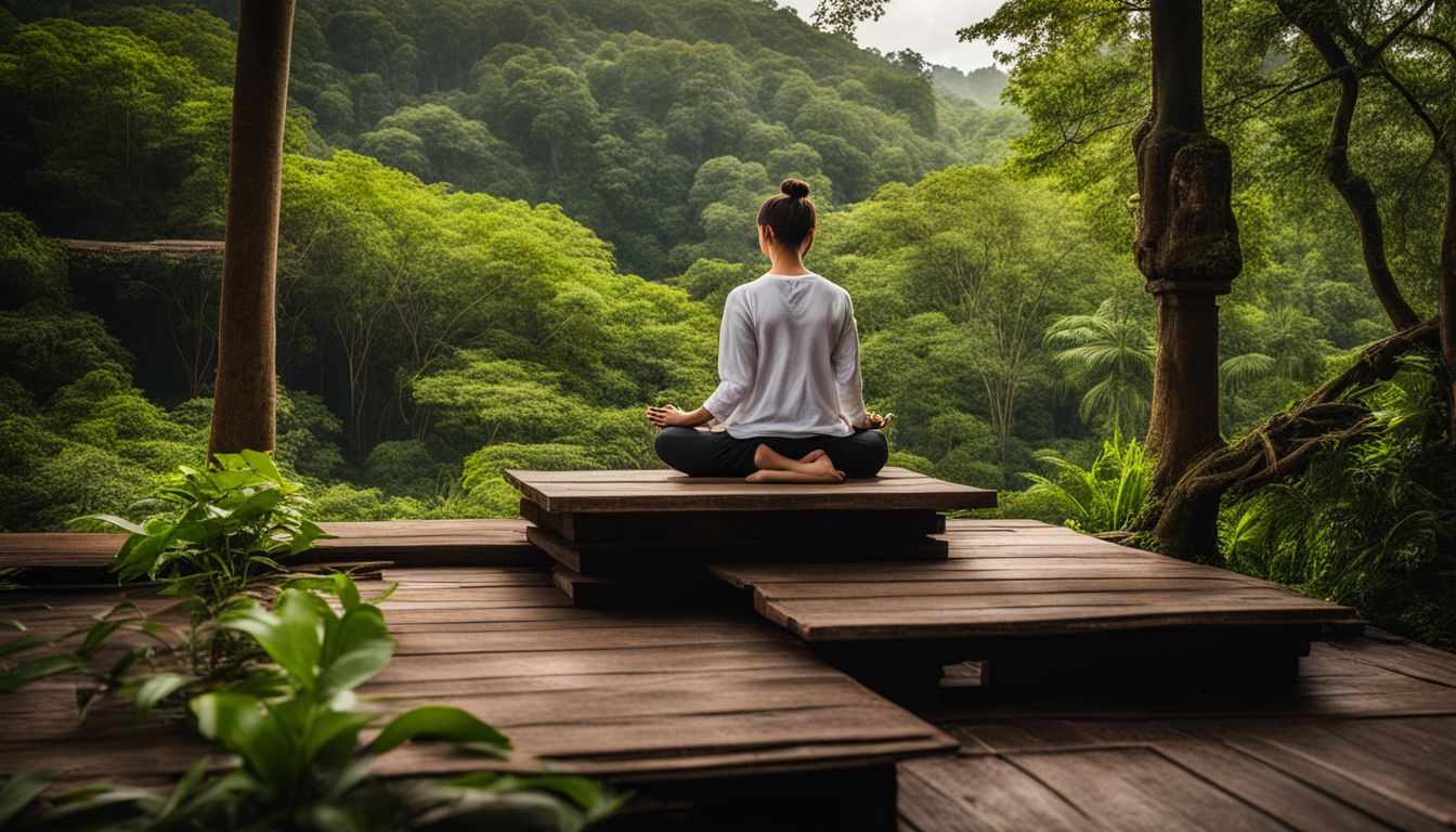 A person meditates on a wooden platform surrounded by nature at Wat Phu Tok.