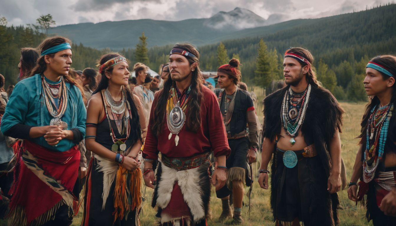 A diverse group of indigenous activists stand united in front of their village.