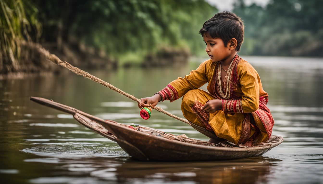 Child in traditional Bangladeshi attire playing with a toy boat on a riverbank.