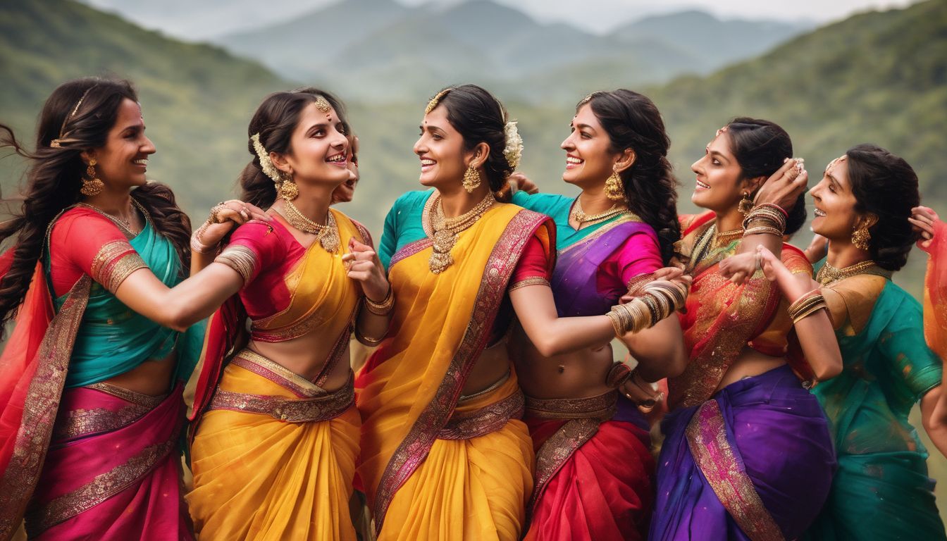 A diverse group of women in traditional sarees performing a vibrant folk dance.