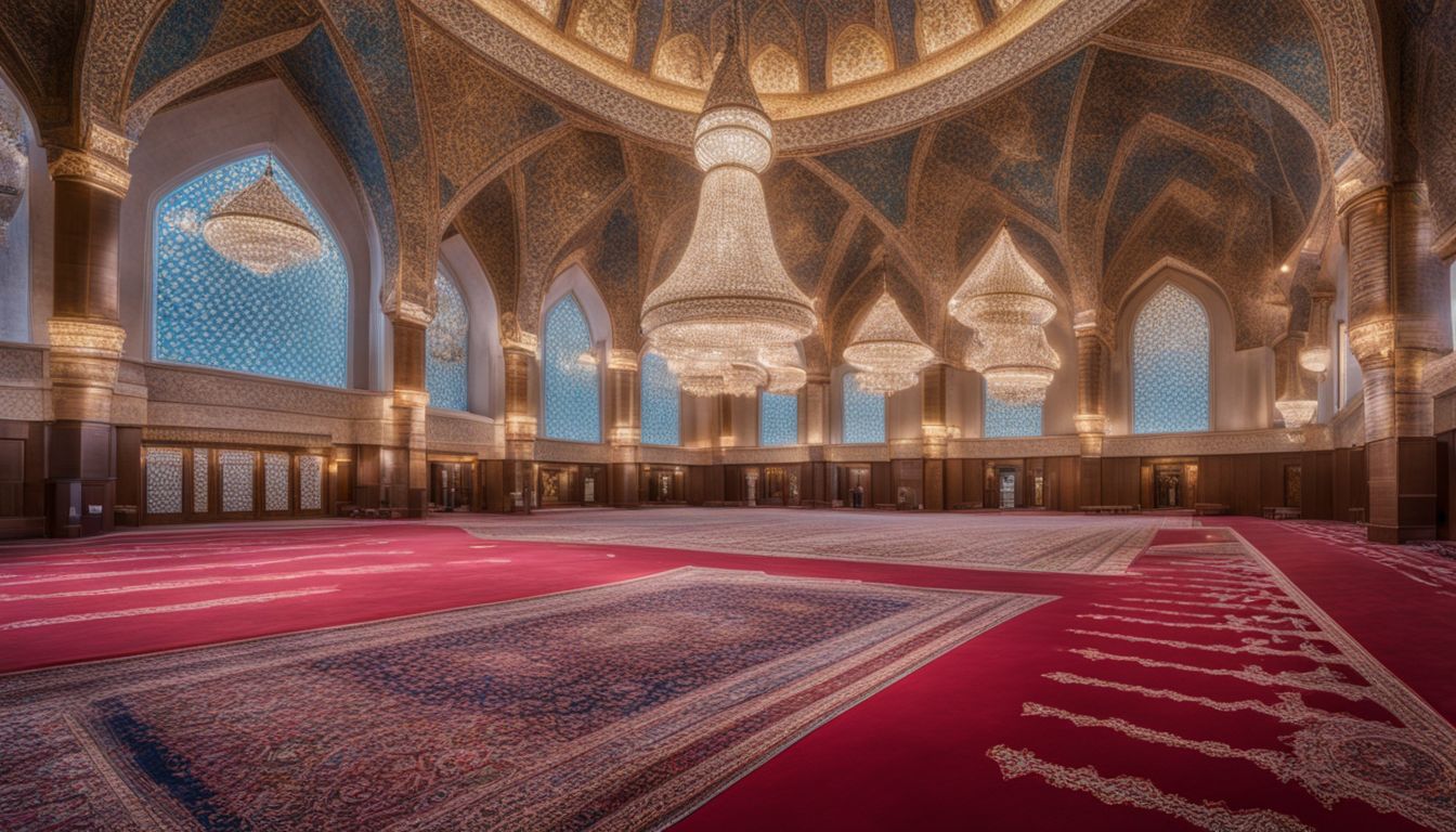 A stunning and spacious prayer hall in the Baitul Mukarram Mosque showcasing intricate interior design and a bustling atmosphere.