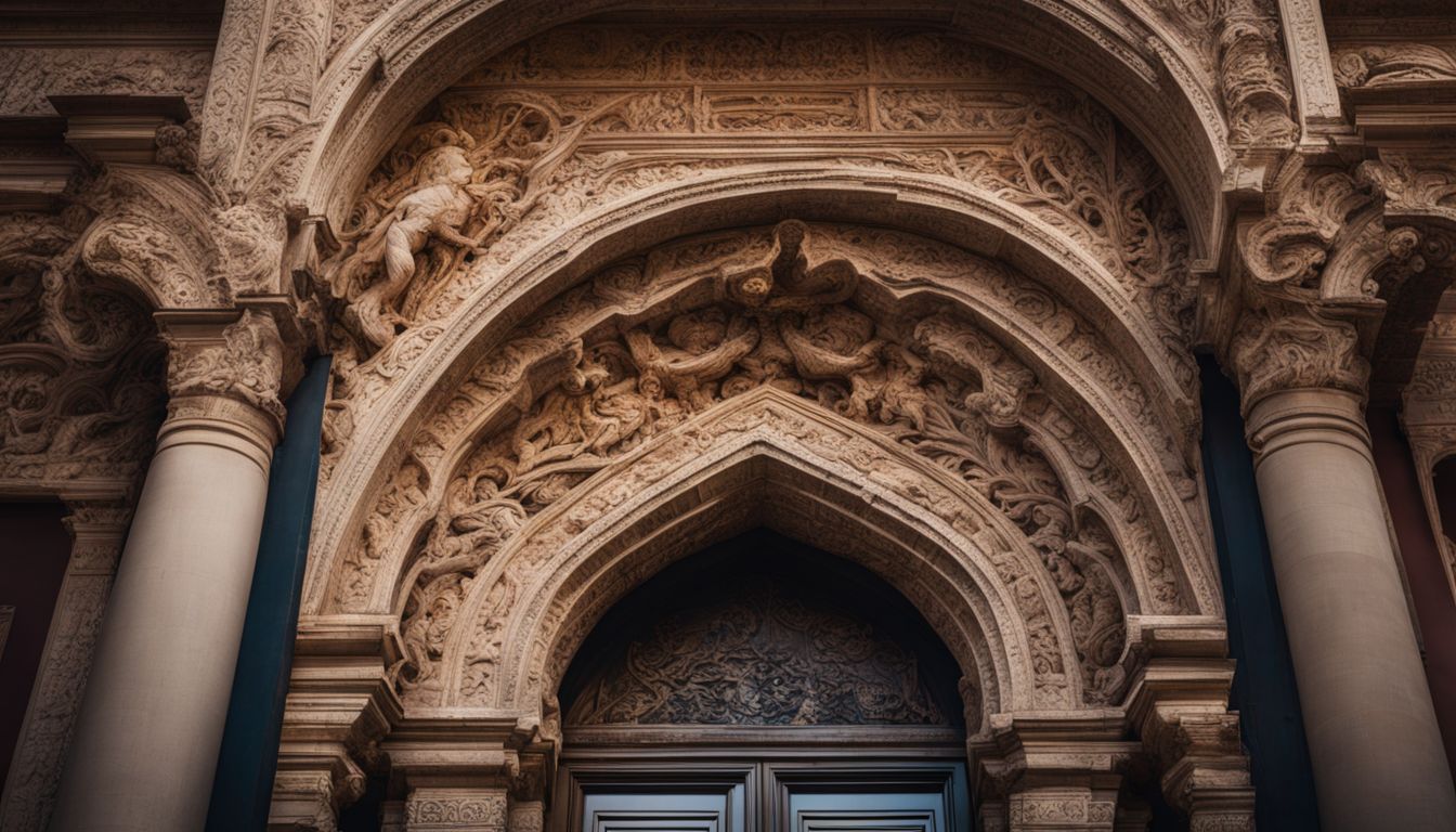 A photo of intricate celestial carvings on the entrance arches of a historical building.