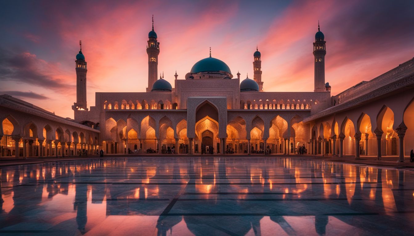 A mosque at sunset with a diverse crowd and vibrant sky.