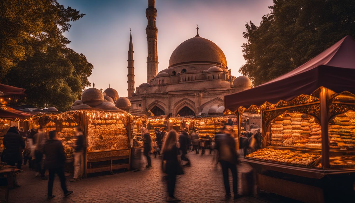 A photo of the Gingerbread Mosque surrounded by bustling markets and a diverse crowd at sunset.