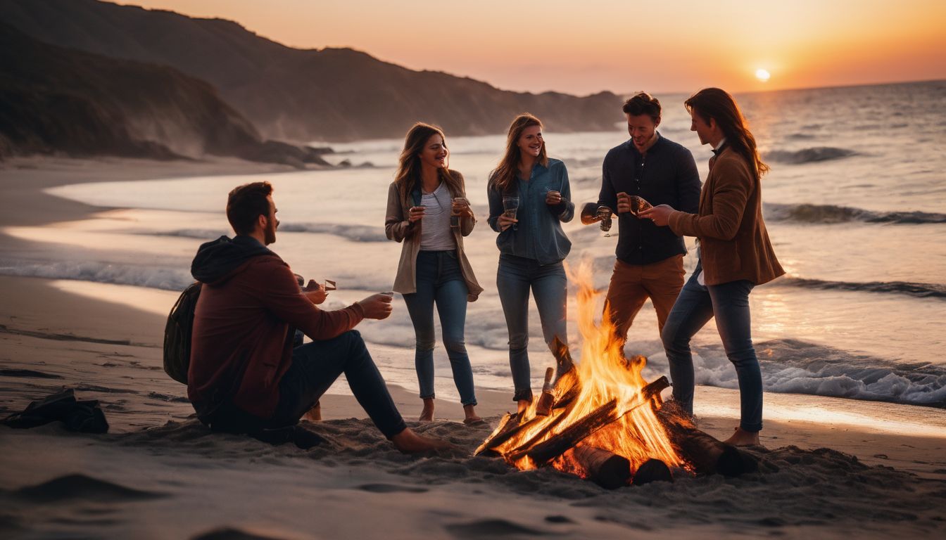 A diverse group of friends enjoy a bonfire on the beach at sunset.