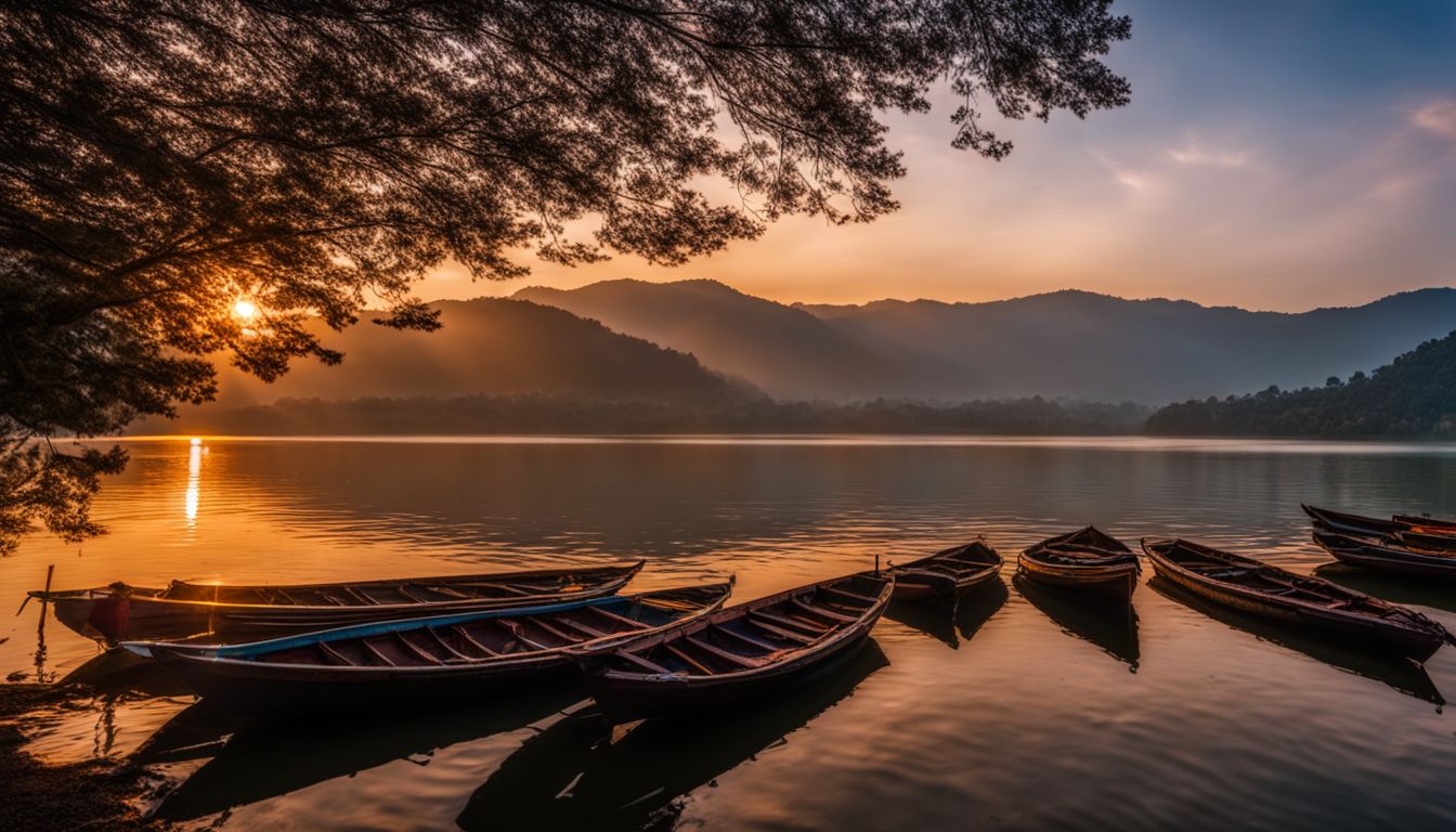 'A stunning sunset view of Kaptai Lake with boats sailing, showcasing the serene atmosphere and bustling atmosphere.'